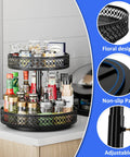 Lazy Susan Organizer 2-Tier black metal turntable with floral lattice design, holds spice bottles.