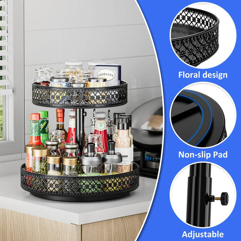 Lazy Susan Organizer 2-Tier black metal turntable with floral lattice design, holds spice bottles.