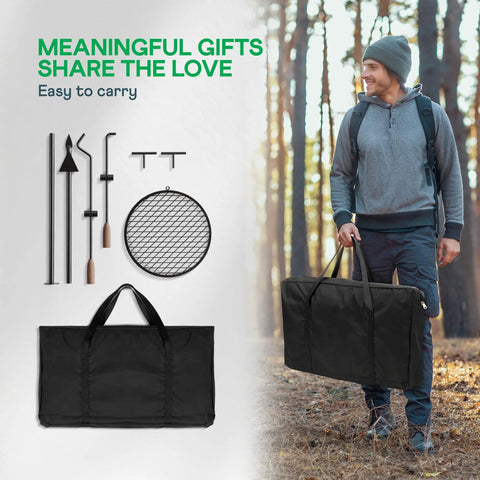 Man carrying Swivel Campfire Grill Heavy Duty Fire Pit Grate 360 Degree Adjustable Steel Cooking Rack For Open Fire Portable Outdoor BBQ Campfire Grate For Camping Hiking Backyard And Survival Cooking in a black bag with components displayed.