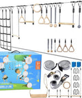 Kid Ninja Warrior Obstacle Course Set with 2 x 60 Foot Slacklines, 13 Outdoor Obstacles including Monkey Net and Rings