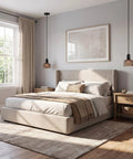 Harwez Matte Black Industrial Vintage Mini Pendant Light Kit E26 LP-0661 above a cozy bed in a modern bedroom setting.