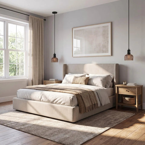 Harwez Matte Black Industrial Vintage Mini Pendant Light Kit E26 LP-0661 above a cozy bed in a modern bedroom setting.