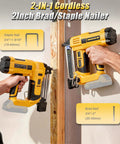 Heavy Duty Cordless Two In One Brad Nailer And Stapler Set For Woodworking And Trim Work No Sweat Quick Reload Magazine With Included Fasteners, showing tool in use for brad and staple nailing.