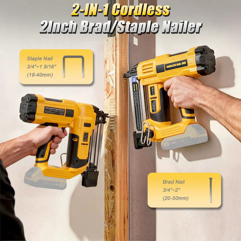Heavy Duty Cordless Two In One Brad Nailer And Stapler Set For Woodworking And Trim Work No Sweat Quick Reload Magazine With Included Fasteners, showing tool in use for brad and staple nailing.
