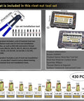 Rivet Nut Tool Kit With 860 PCS SAE And Metric Rivet Nuts, tool set with manual tool, storage box, and nut sizes displayed.