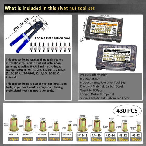 Rivet Nut Tool Kit With 860 PCS SAE And Metric Rivet Nuts, tool set with manual tool, storage box, and nut sizes displayed.