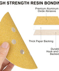 Hand holding 5-inch sanding disc showing layers with aluminum oxide, paper backing, and hook-loop, part of 110 Piece 5 Inch 8 Hole Sanding Disc Set With Aluminum Oxide Grits 60 Through 1000 For Wood Plastic Rust Removal And Finishing On DIY Friendly Random Orbital Sander Pads