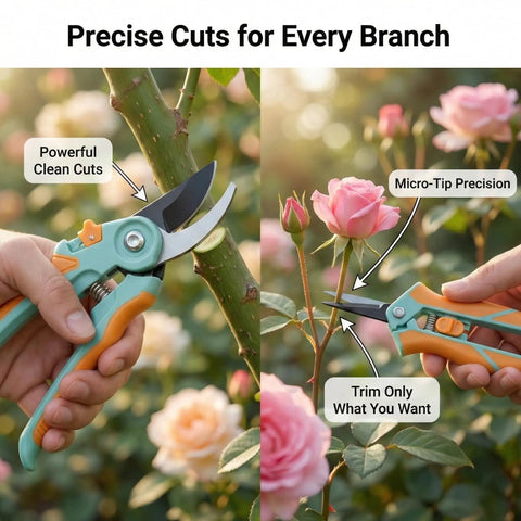 2 Pack Garden Pruning Shears And Precision Scissors Set in use on rose bushes, showcasing precision cuts with 8 Inch Bypass Pruner and 6.25 Inch Garden Clippers.
