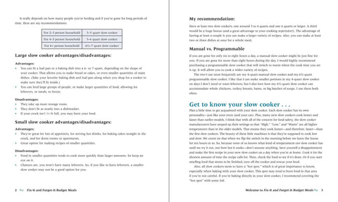 Page spread from Budget Slow Cooker And Instant Pot Cookbook showing slow cooker size recommendations and advantages.
