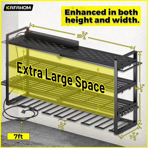 Power Tool Organizer With Charging Station For Garage Eight Outlet Power Strip Built In Wall Mount Shelf Battery Organizer
