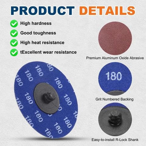 Heavy Duty Aluminum Oxide Sanding Discs For Die Grinders 3 Inch 180 Grit 20 Pack showing premium abrasive and R-lock shank.