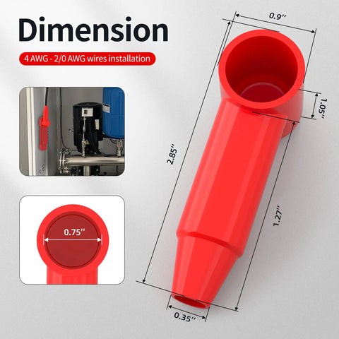 Ten Pack Silicone Battery Terminal Covers For Car Truck RV And Solar Posts shown as red terminal cover with dimensions.