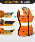 Boss Lady Womens Safety Vest 2-Pack Snug Fit With 9-Pocket Design Class 2 High Visibility Reflective ANSI OSHA Fitted Construction Work PPE Orange Small with labeled pocket details.