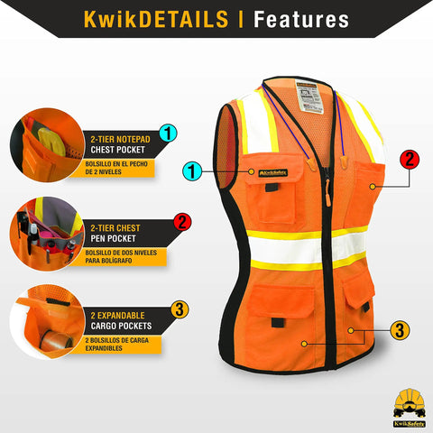 Boss Lady Womens Safety Vest 2-Pack Snug Fit With 9-Pocket Design Class 2 High Visibility Reflective ANSI OSHA Fitted Construction Work PPE Orange Small with labeled pocket details.