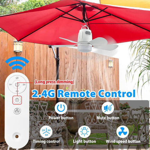 Outdoor Gazebo Ceiling Fan With Light under red umbrella, includes 2.4G remote control, perfect for patio settings