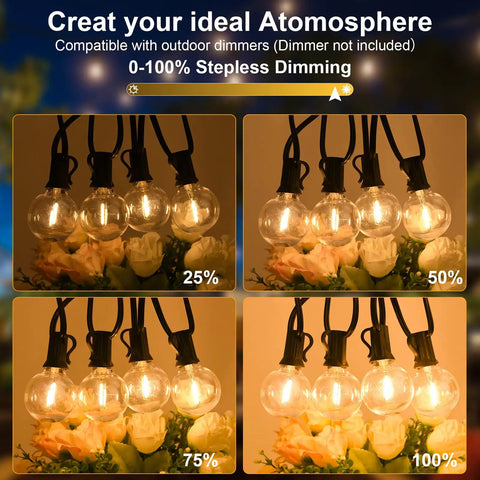 Image of 25 Ft Outdoor String Lights with 27 Dimmable G40 LED Bulbs, showing varying brightness levels from 25% to 100%.