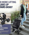Woman using Grocery Cart That Climbs Stairs Foldable with 55L Cooler Pocket and 110 Lb Capacity, showing three-wheel design