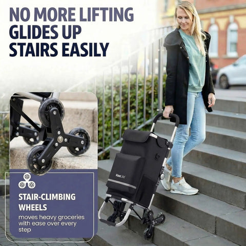 Woman using Grocery Cart That Climbs Stairs Foldable with 55L Cooler Pocket and 110 Lb Capacity, showing three-wheel design