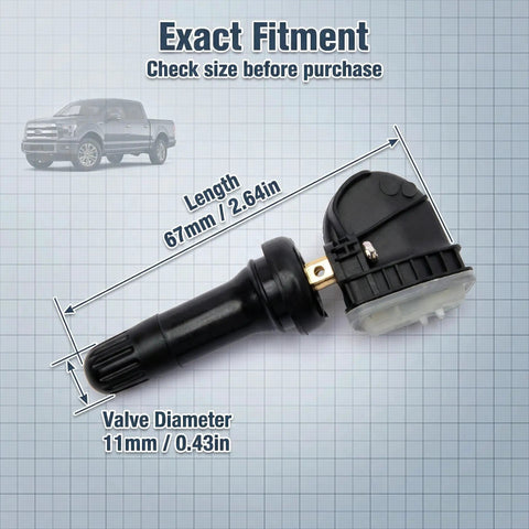 Ford TPMS Sensor Set Of 4 315MHz Replacement For F150 Explorer Fusion 2015 2024 Waterproof Tire Pressure Monitoring System Sensor Fits Lincoln OEM Replacement Direct Fit TPMS Sensors For Ford Lincoln Vehicles 4 Pack shown with 67mm length and 11mm valve diameter
