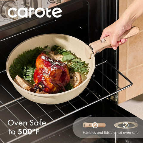 Person holding 25 Piece Ceramic Cookware Set With Removable Handles, Nonstick Pots And Pans, Oven Safe And Induction Ready, PFAS And PFOA Free.