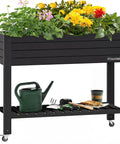 Elevated Garden Bed With Wheels And Storage Shelf For Outdoor Use Plastic Planter Box With Drain Plug Central Divider And Water Level Float System For Precise Moisture Control For Plants Vegetables Flowers And Herbs Black