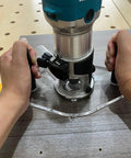 Game Changing Clear Acrylic Router Base Plate Compatible With RT0701C And XTR01Z 6 By 10 Inch Wide Base shown in use with dual grip handle.