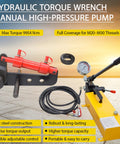 Heavy Duty Manual Hydraulic Torque Wrench With Embedded Pressure Gauge Delivers A Rock Solid 9954 Nm Output For Serious Construction Jobsite Fastening That Knocks Out Stubborn Nuts Without Breaking A Sweat, showing hydraulic pump, hoses and pressure gauge.