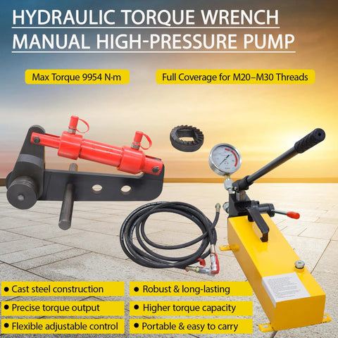 Heavy Duty Manual Hydraulic Torque Wrench With Embedded Pressure Gauge Delivers A Rock Solid 9954 Nm Output For Serious Construction Jobsite Fastening That Knocks Out Stubborn Nuts Without Breaking A Sweat, showing hydraulic pump, hoses and pressure gauge.