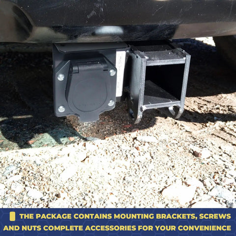 Heavy Duty 4 To 7 Pin Trailer Wire Harness Adapter With Reinforced Mounting Bracket For RV And Caravan Towing installed on vehicle hitch.