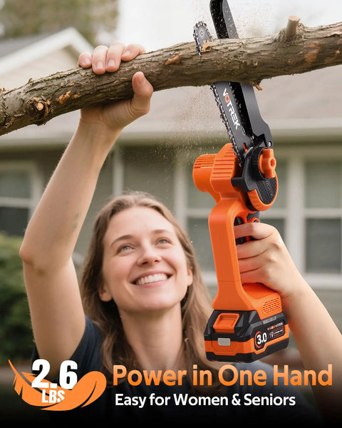 Person using the 2 In 1 Mini Chainsaw Kit: 6 Inch And 8 Inch Cordless Electric Chainsaws to trim tree branch.