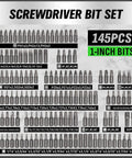 Display of 145 pieces from 232-Piece Ultimate Screwdriver Bit Set For Impact Drivers And Wrenches With Cr-V Steel.