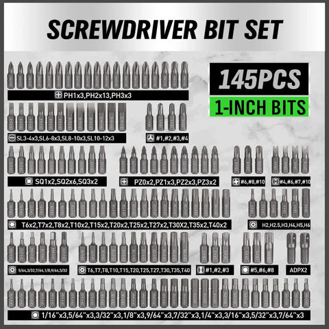 Display of 145 pieces from 232-Piece Ultimate Screwdriver Bit Set For Impact Drivers And Wrenches With Cr-V Steel.