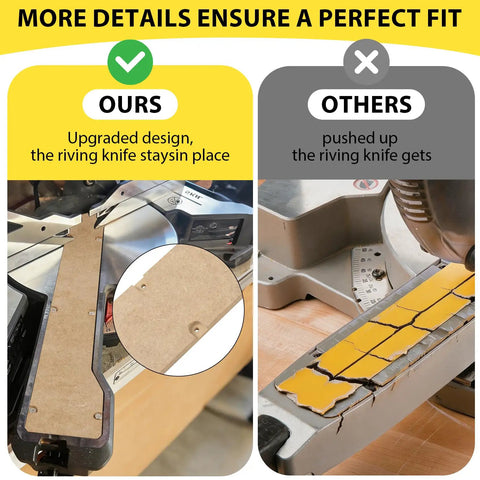 Zero Clearance Insert For 10 Inch Sliding Miter Saw MS6305-00 6305 Sliding Chop Saw Replacement MDF Throat Plate shown with comparison