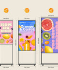 Three digital signage displays: 43 inch, 55 inch, and 65 inch showcasing beverage promotions in vibrant colors.