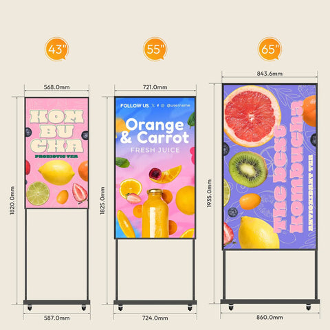 Three digital signage displays: 43 inch, 55 inch, and 65 inch showcasing beverage promotions in vibrant colors.