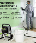 700W Airless Paint Sprayer Delivers 2900 PSI Of Raw Power For Effortless Home Makeovers in use, spraying green paint on wall.