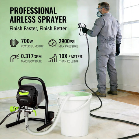 700W Airless Paint Sprayer Delivers 2900 PSI Of Raw Power For Effortless Home Makeovers in use, spraying green paint on wall.