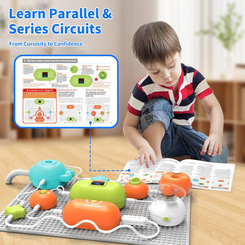 Child playing with STEM Electronics Kit For Kids With 31 Circuit Parts And 300 Plus Projects No Soldering Needed Fun Coding Experiments