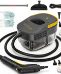 High Performance 1600W Port Steam Cleaner With 1.69 QT Visible Tank And 15 Attachments, showcasing the unit with accessories and hose.