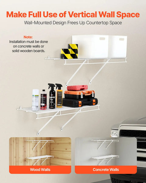 Heavy Duty Carbon Steel Wall Mounted Wire Shelf Kit Set Of 2 Built Tough Floating Rack showing storage in a garage and on wood walls.
