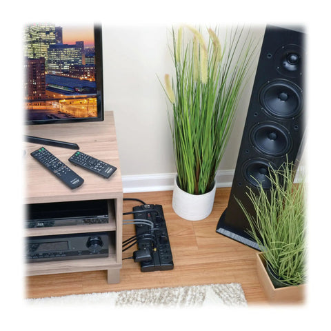 Home Theater Surge Protector Power Strip With 12 Outlets 8 Feet Flat Plug Extension Cord placed on wooden floor near TV