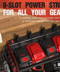 Power Tool Organizer With Charging Station And Heavy Duty Modular Wall Mount For Garage And Shed Eight Outlet Dock With Overload Protection visible with tools and chargers.