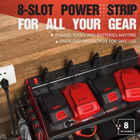 Power Tool Organizer With Charging Station And Heavy Duty Modular Wall Mount For Garage And Shed Eight Outlet Dock With Overload Protection visible with tools and chargers.