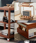 Hordion wooden rolling cart with fixed caster wheels; brown finish, two shelves, shown with books and decor.