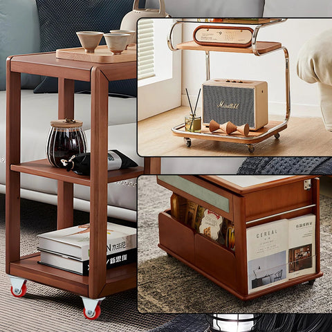 Hordion wooden rolling cart with fixed caster wheels; brown finish, two shelves, shown with books and decor.