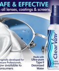 ClearView Lens Cleaner spray bottle with blue cap beside eyeglasses and microfiber cloth
