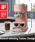 Compact Espresso Machine And Cold Brew Coffee Maker With Automatic Milk Frother Wand For Next Level Hot Iced Coffee Crafts And Dope Daily Sips In Sleek Rose Pink on kitchen counter with coffee glasses.