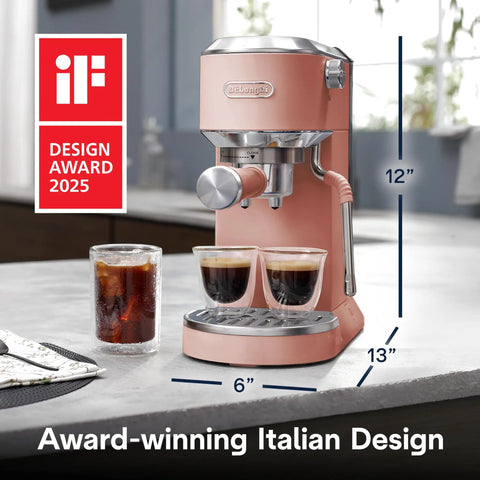 Compact Espresso Machine And Cold Brew Coffee Maker With Automatic Milk Frother Wand For Next Level Hot Iced Coffee Crafts And Dope Daily Sips In Sleek Rose Pink on kitchen counter with coffee glasses.