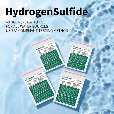 Hydrogen Sulfide testing kits for water analysis, suitable for various water sources, displayed on a watery background.