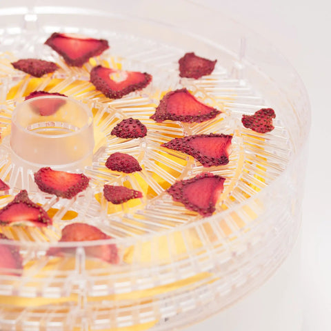 Premium Electric Food Dehydrator Packing Five BPA Free Trays For Backyard Jerky Dried Fruits And Fresh Herbs with sliced strawberries.